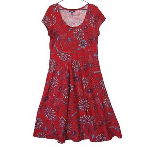 Chaps Floral Fit & Flare Dress Womens Large Red Good Short Sleeve Henley Boho
